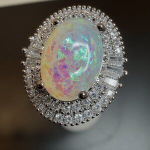 Oval Opal Cocktail Ring With Imitation Rhodium & CZ Halo size 6-10